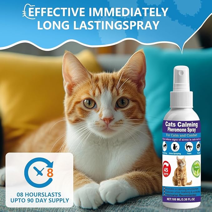 Cat Calming Pheromone Spray for Stress & Anxiety Relief – Reduces Scratching, Urine Spraying, Hiding – Drug-Free & Vet Recommended – Feline Calm Spray with F3 Facial Pheromone 2 * 100mL 8.9oz