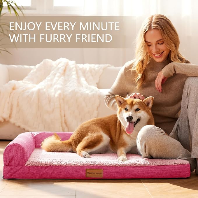 Patas Lague Orthopedic Dog Bed Medium Size Dog 30''X20'', Waterproof L Bolster Medium Pet Sofa Beds with Removable Washable Cover, Soft Pet Couch Crate Mat with Nonskid Bottom, Pink