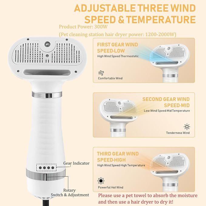 4-in-1 Pet Grooming Station: Steam Comb & Hair Dryer with Water Tank, 3 Heat Settings, Shedding Brush for Cats and Dogs, Home Washing Station, White