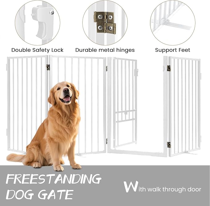 Full Metal Freestanding Dog Gate with Cat Door for Outdoor & Indoor,34" Tall Foldable Pet Fence,40" Extra Wide Free Standing Dog Gate for RV Camping,Stairs,Hallways,Doorways,Deck,Yard (2 Panels,White)