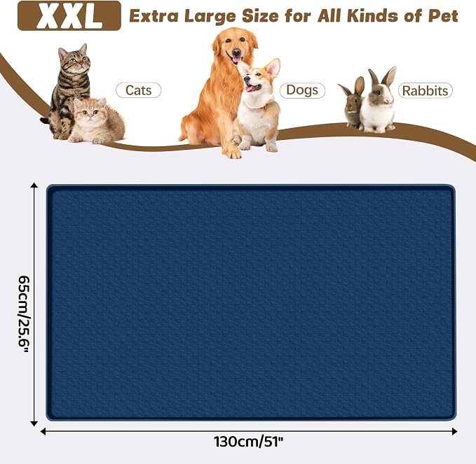 Cat Food Mat, 51" x 25.6" Extra Large Silicone Pet Feeding Mat with Raised Edge Pet Placemat for Food and Water Bowl Non-Slip, Easy to Clean, Floor Protection (Navy Blue)