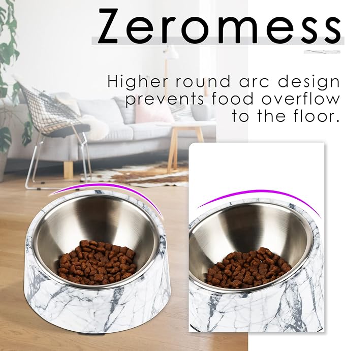 SuperDesign Mess Free 15° Slanted Bowl for Dogs and Cats, Tilted Angle Bulldog Bowl Dog Feeder, Non-Skid & Non-Spill, Easier to Reach Food S/0.5 Cup Marble Pattern