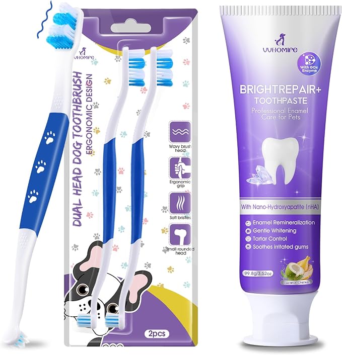 Dog Toothbrush – Newly Upgraded Dual-Head Design + Enzymatic Dog & Cat Toothpaste with Nano-Hydroxyapatite (nHA)