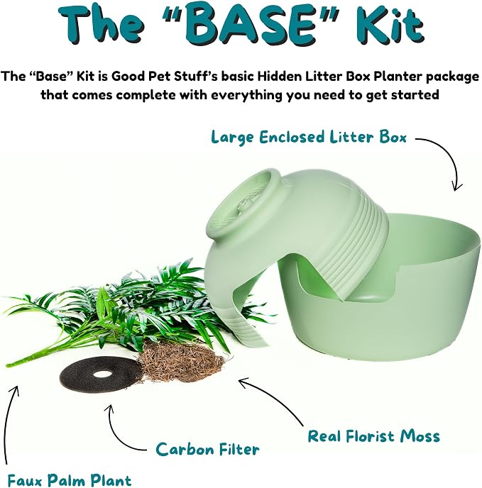 Good Pet Stuff Original Hidden Litter Box Planter, Decorative Cat Litter Enclosure, Carbon Filter, Faux Plant, Round Design, Easy to Clean, Base Kit, Palm Plant, Mint Green