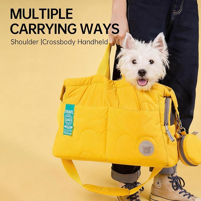 Macaron Cloud Pet Carrier Bag for Small Dogs and Cats, Lightweight Handheld Shoulder Crossbody Puppy Carrier with Storage Pocket, Breathable Expandable Pet Travel Carrier for (Yellow)