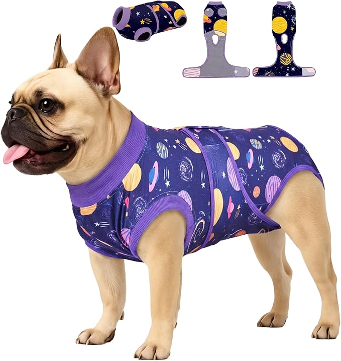 PetWarm Dog Surgery Onesie, Cone of Shame Alternatives, Bodysuit for Abdominal Affected Areas Sensitive Skin Areas, Anti-Licking Soft Dog Bodysuit for Small to Large Dogs, Galaxy Pattern, Purple, XS