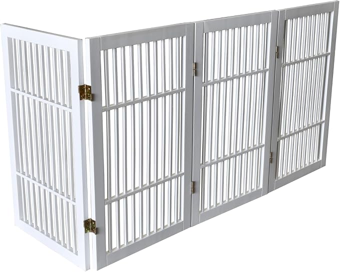 Urnporium Pet Dog Gate Freestanding, Strong Durable Folding Wooden Fence, Portable Acacia Hardwood Safety Barrier for Indoor & Outdoor Use (White Pet Gate, 4 Panel 30" Tall)