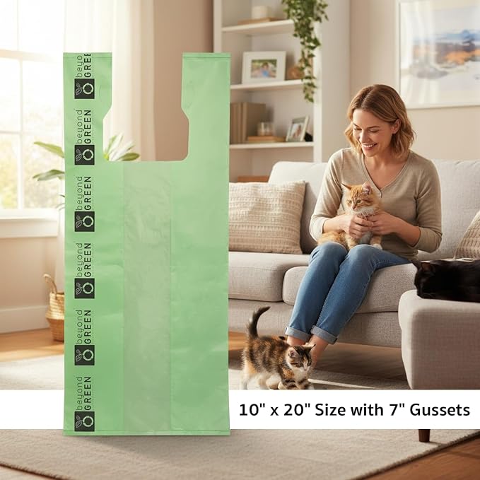 beyondGREEN Large Cat Litter Waste Bags with Handles, 100 Count – Green – 10" x 20" with 3.5" Gussets – Extra-Large, Strong Litter Clean-Up Bags