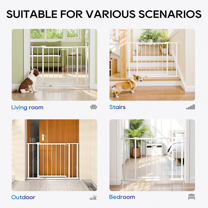 FDW 30" Tall Pressure Mount Dog Gate, 28.3"-39.7" Wide Auto Close Pet Safety Gate No Drill Extra Wide Pet Gate Adjustable Dog Gates Metal Gates for Stairs Doorway Kitchen Hallway Entry, White