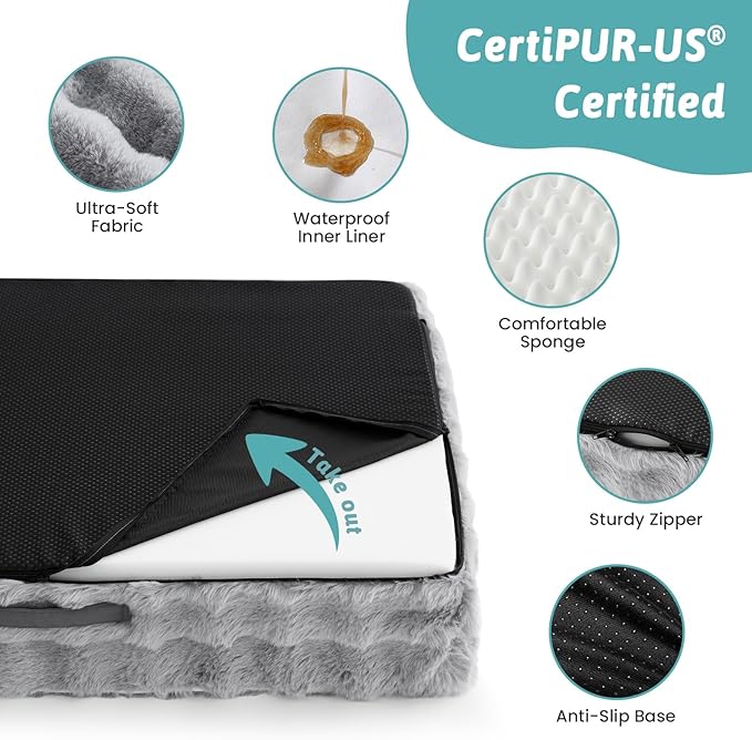 COZY KISS Orthopedic Dog Bed for Extra Large Dog, Soft and Warm Faux Fur Sofa for Giant Pet Up to 150 lbs, Foam Bolster Anti-Slip Couch with Washable Removable Cover, XXL 48x35x8 inch, Grey