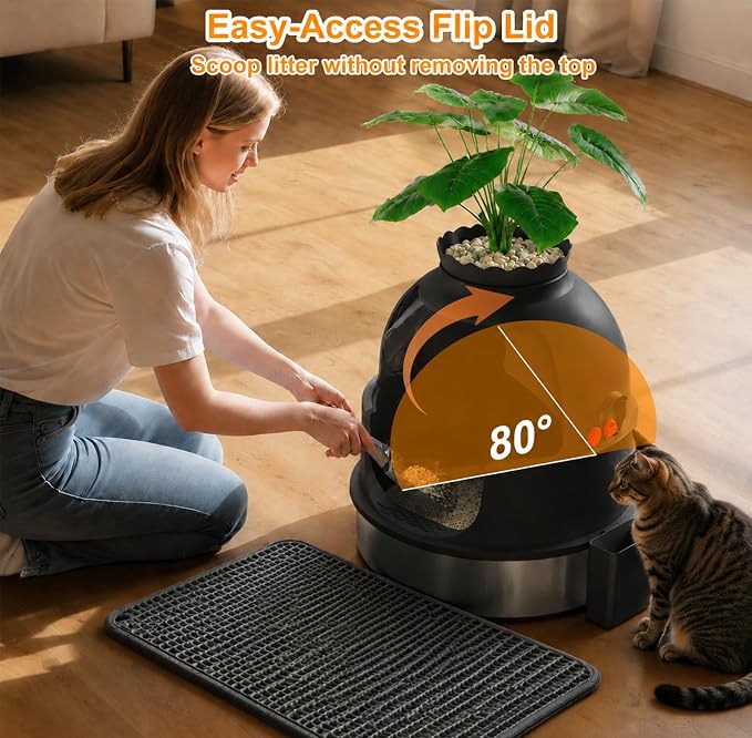 Gimars Hidden Litter Box with Faux Plant, Stainless Steel Litter Box Enclosure, 18.9" L x 18.9" W x 21.7" H Decorative Cat Litter Box Furniture, Odor Control, Easy to Clean