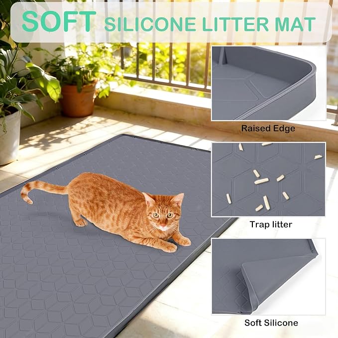 SORKUT Cat Litter Mat 34x22 Inch, Large Silicone Litter Box Mat for Floor Protection, Waterproof & Non-Slip, Soft for Cat Paws, Easy to Clean, Leak-Proof Edge, Gray