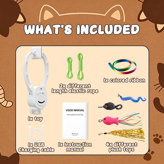 Automatic Cat Toy for Indoor Cats, Interactive Door Hanging Cat Toy with Smart Touch Restart, USB-C Rechargeable 360° Rotating Flying Bird Teaser for Kittens & Adult Cats, White
