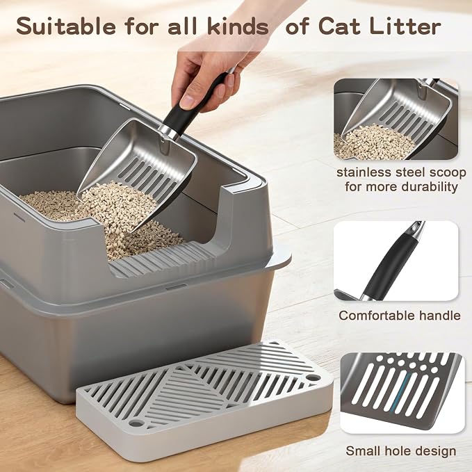 Stainless Steel Cat Litter Box with Lid, XL Enclosed Covered Litter Box for Large Cats, Front Entry Top Exit, High Sided Metal Litter Box, Odor Control, Leak Proof, Scoop & Pedal Included