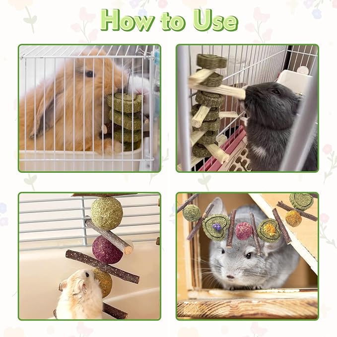 Hamiledyi Bunny Chew Toy for Teeth,Guinea Pig Natural Organic Fruitwood Sticks with Grass Cake for Rabbits,Chinchillas,Gerbils, Squirrels, Hamsters, Chewing/Improve Dental Health