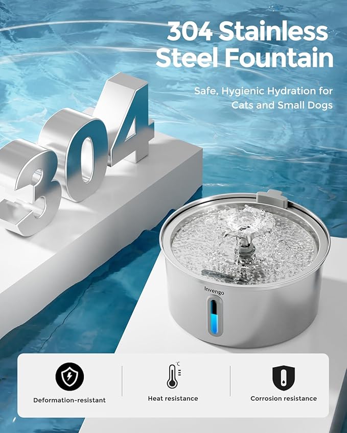 Invengo Cat Water Fountain Stainless Steel, 3.2L/108oz Pet Drinking Fountain for Cats Dogs Bundle