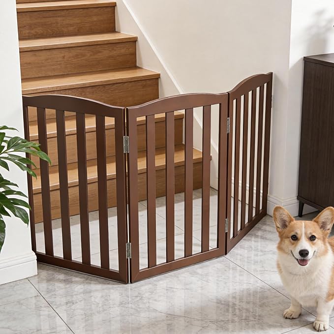 Freestanding Dog Gate Indoor,Doggie Gate Foldable Pet Gates for Doorways,Stairs or Hallways, Wooden Brown Pet Gate for the House, Pet Fence,24 "Height-3 Panels