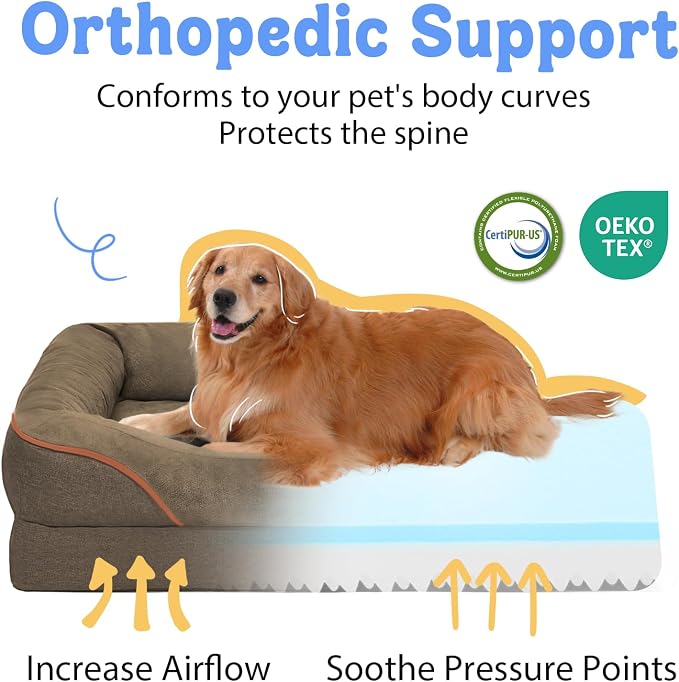 Chez Paw Jumbo Waterproof Dog Bed for Giant Dogs, Extra Thick Egg-Crate Foam Orthopedic Dog Sofa with Sides & Removable Washable Cover, Non-Slip Bottom, Coffee 53"x42"x8.5"