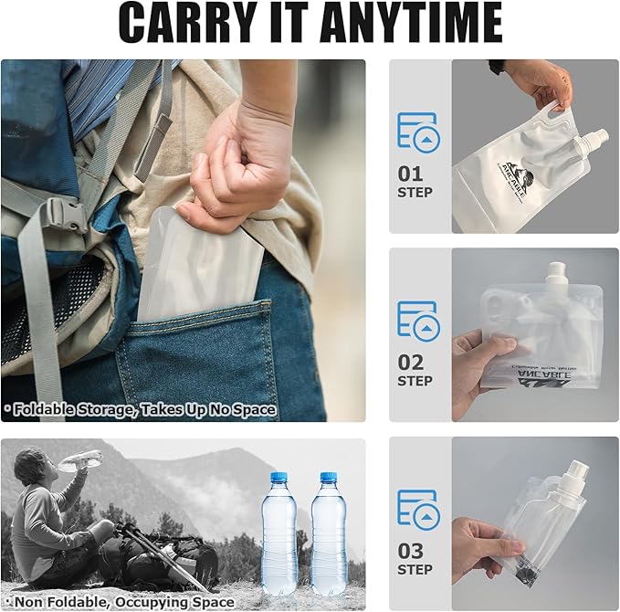 Ancable 1L Hiking Collapsible Water Bottles, 8-Pack 33OZ BPA-Free Foldable Backpacking Water Bottle for Travel Camping Hiking