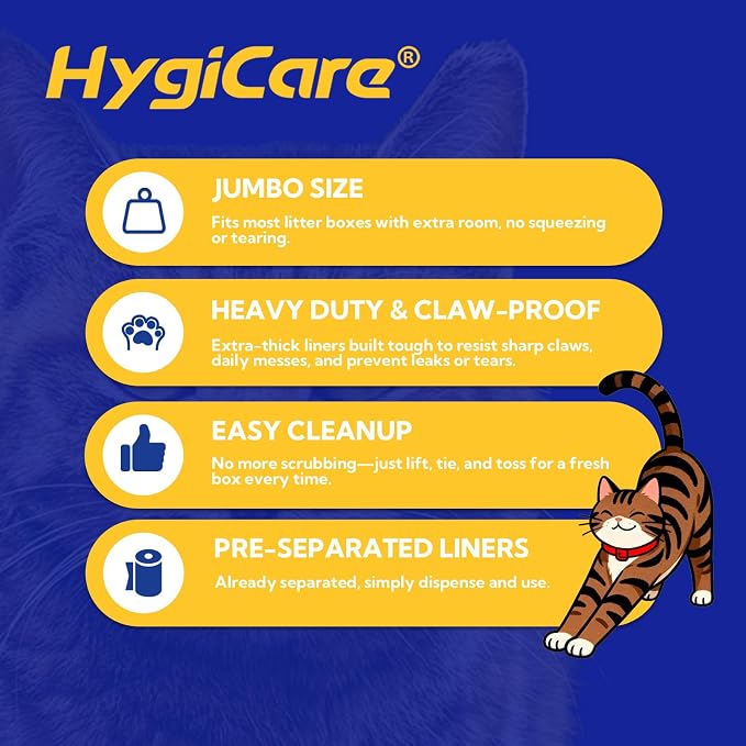 HygiCare Pre-separated Cat Litter Box Liners, Jumbo Size, Heavy Duty, Sturdy Drawstring, Tear Resistant, Claw-proof, Unscented, 36"x18", 40 Count