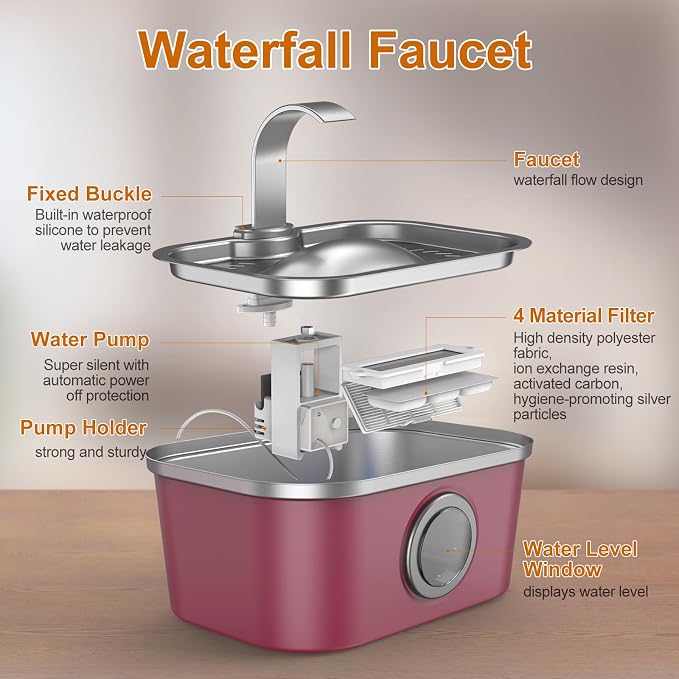 Bobo&Dragon Stainless Steel Cat Water Fountain, 124oz/3.5L Automatic Dog Water Dispenser - Ultra Quiet Faucet Flow, Smart Window & Fresh Filtered Hydration, Dishwasher Safe for Multi-Pet Cosmic Berry