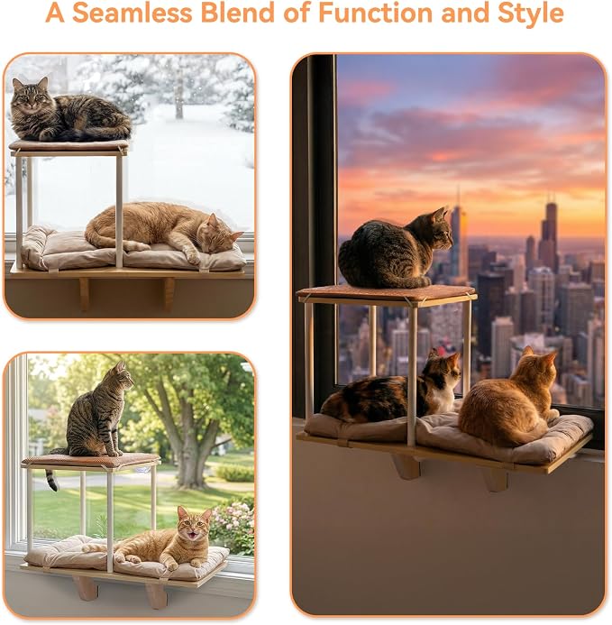 PETSFIT Cat Window Perch,Dual-Level Hammock with Suction Cups & Wooden Base, Supports Large Cats & Multi-Cat Families, Reversible Cushions, Tool-Free Installation