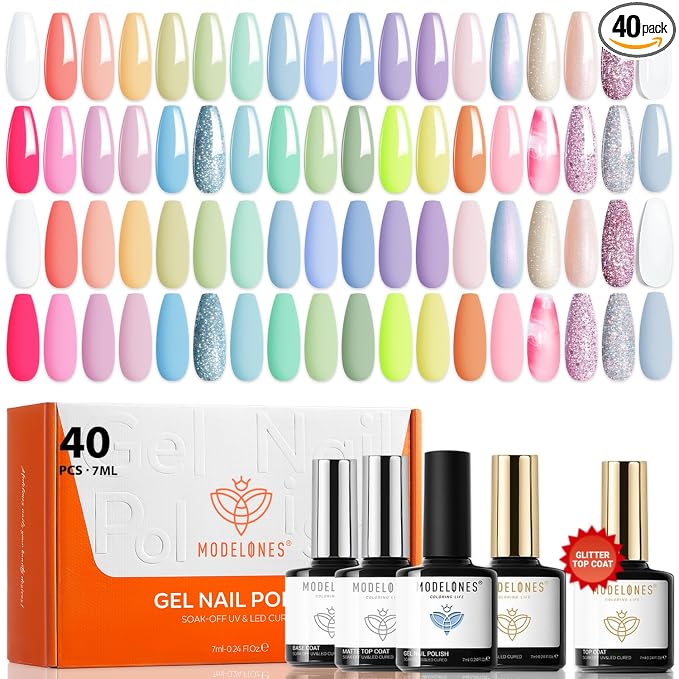 modelones 40Pcs Gel Nail Polish Set, 36 Colors 2026 Summer Spring Pastel White Pink Light Yellow Blooming Glitter Gel Polish Kit with 4PCS Glitter Matte Glossy Top Base Coat LED Nail Art DIY Gift