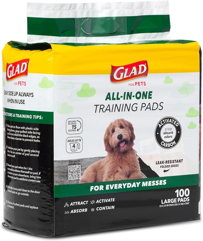 Glad for Pets Black Charcoal Puppy Pads, 6-Layer Leak-Proof Design with Activated Carbon Odor Control and Pheromone Attractant, Disposable Dog Pee Pads for Potty Training, 23 x 23 in, 100 Count - 2 Pk