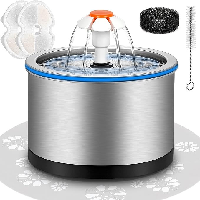 Cat Water Fountain Stainless Steel, 84oz/2.5L Pet Water Fountain with LED Night Light, Automatic Drinking Fountain for Cats, Dogs and Other Pets