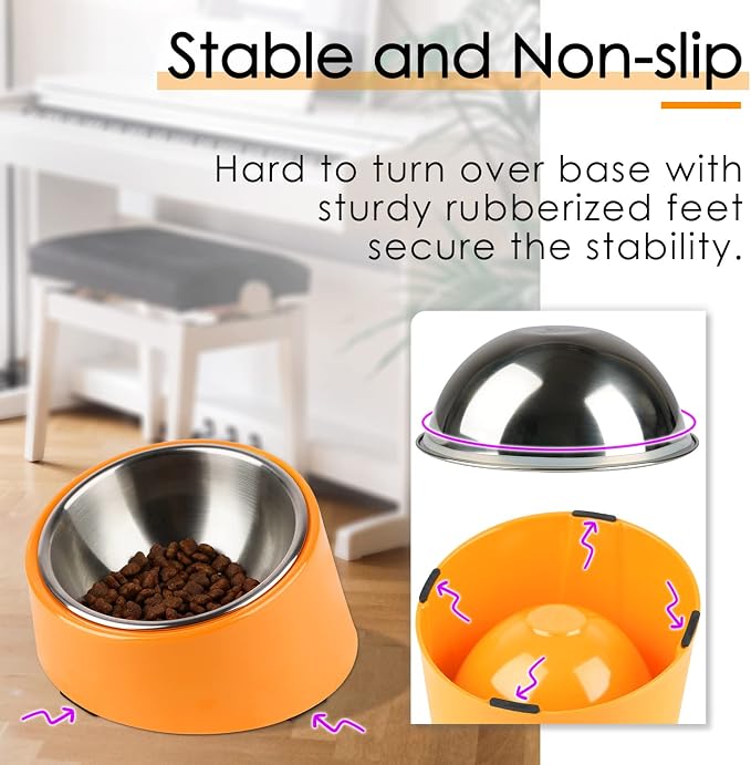 SuperDesign Mess Free 15° Slanted Bowl for Dogs and Cats, Tilted Angle Bulldog Bowl Dog Feeder, Non-Skid & Non-Spill, Easier to Reach Food S/0.5 Cup Bright Orange