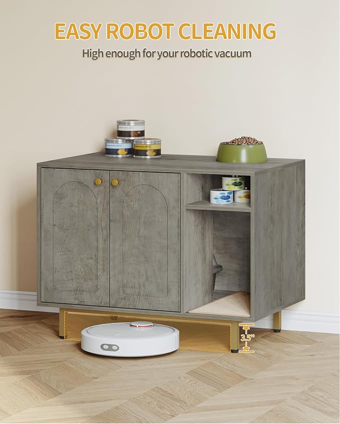 Hzuaneri Cat Litter Box Enclosure Enclosed, Hidden Litter Box Cabinet Furniture with Storage, Wooden Indoor Cat House Large, Modern End Table for Living Room Entryway, Greige and Gold CB01505G