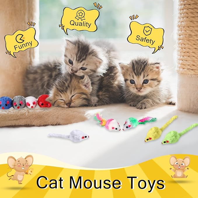 Syhood 120 Pcs Fur Mice Cat Toys Bulk for Indoor Cats Catnip Mouse Toys with Rattle Sound Rattle Mice Pets Kitten Interactive Play Assorted Color