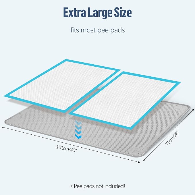 Pee Pad Holder for Dogs, 40" x 28" Silicone Pee Tray Mat Leak-Proof, High Edge, No Spill Pet Pad Holder for Puppy, Cat, Rabbit, Dog Training Pads for Home Floor Protection (Grey)