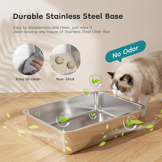 OLIXIS Stainless Steel Litter Box with Lid, Extra Large Enclosed Cat Litter Pan for Big Cats, High Sided Cat Box with Scoop & Mat, Front & Top Entry, Easy Cleaning, Grey