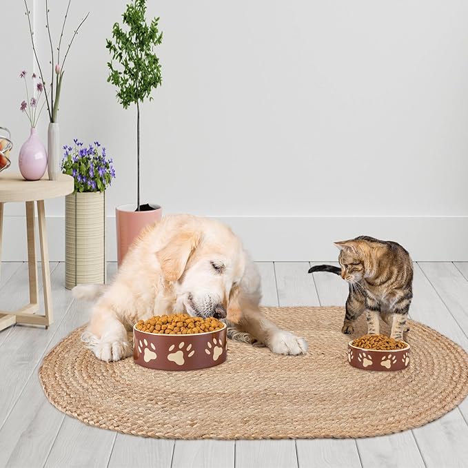 Tinideya Braided Jute Dog Bowl Mat 31 x 20 Inch Pet Food Rustic Mat Natural Cat Placemats for Food and Water Dish Oval Rug Non Toxic Feeding Mats for Pet Bowl or Farmhouse Decor
