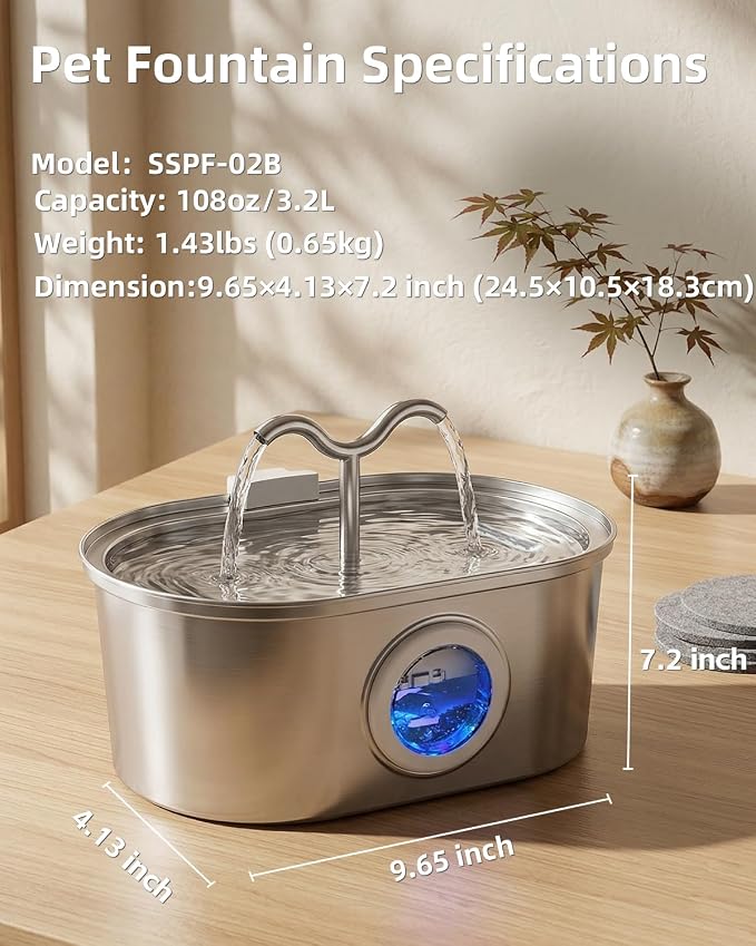 Stainless Steel Cat Water Fountain, 108oz/3.2L Pet Water Fountain for Cats Indoor, with Dual Spouts for Multiple Cats, Ultra-Quiet Automatic Dog Water Dispenser, 3 Replacement Filters Included
