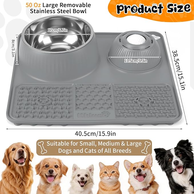 Dog Lick Bowl with Rolling Ball for Liquid and Thick Treat—3 in 1 Slow Feeder Dog Bowls+Lick Mat+50oz Stainless Steel Food Bowl,Anti-Slip 5/6 Cup Licking Toy for Medium Large Dogs and Cats Grey