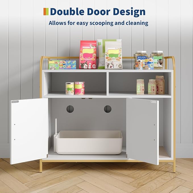Garvee Cat Litter Box Enclosure Furniture Wooden Hidden Indoor Cat Washroom House Cabinet with 2 Open Compartments Scratching Mat Double Door Storage Cabinet Front Entry Air Vents Metal Frame