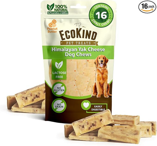 EcoKind Yak Cheese Himalayan Dog Chews, Yak Chews for Small Dogs, Long Lasting Bone for Aggressive Chewers, 4 Ingredients Natural High Protein Dog Treats, No Additives, Peanut Butter, Small - 16 Chews