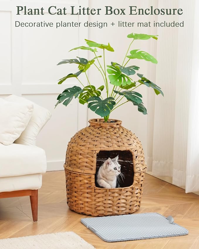 SETVSON Cat Litter Box Enclosure Plant Cat Litter Box Furniture with Artificial Plants, Large Hidden Handwoven Rattan with One Mat, Odor Control Filter, PVC Film, Real Stones, Stylish Decor, Natural