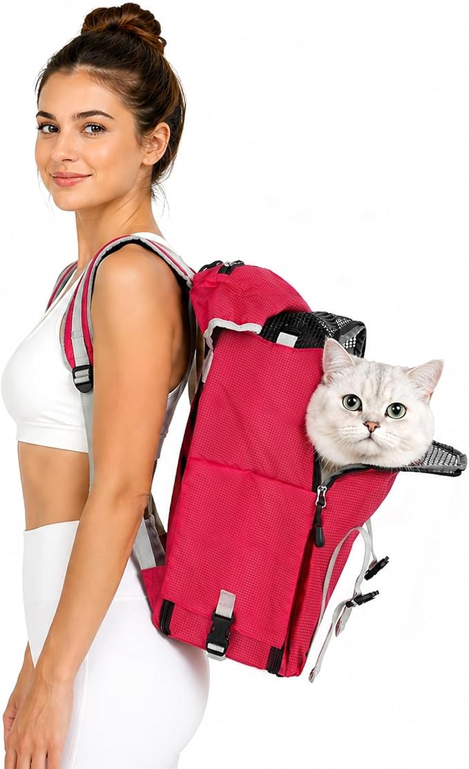 Cat Dog Backpack Carrier for Hiking Travel Portable Pet Daypack for Dog Cat Below 7kg/15.5lbs -Peach Red
