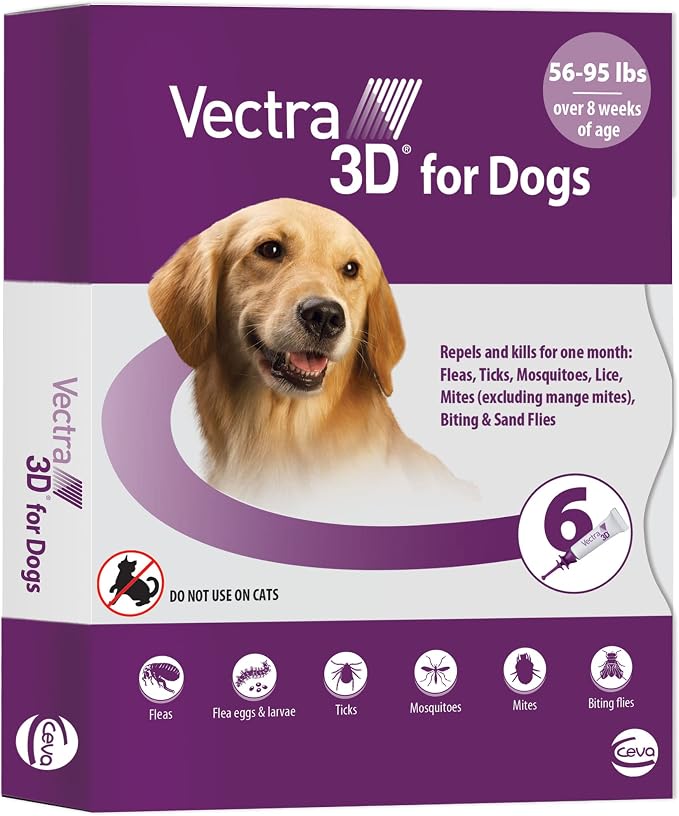 Vectra 3D Flea and Tick Prevention for Dogs, Kills and Repels Fleas, Ticks & Mosquitoes | Fast‑Acting, Waterproof, No Prescription Needed | Large Dogs 56–95 lbs, 6‑Month Supply