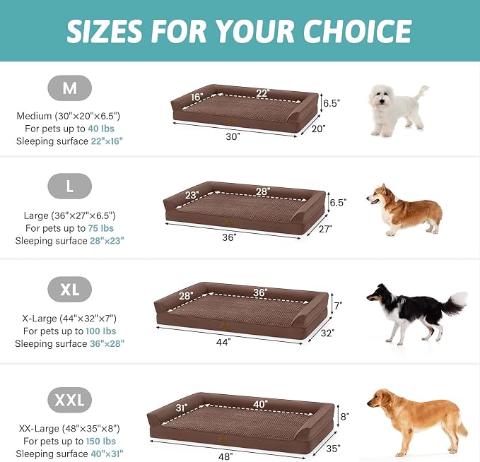 COZY KISS Dog Beds for Extra Large Dog, XXL Bolster Pet Couch with Waterproof Lining, Egg Crate Foam Sofa for Pets Up to 150 lbs, U-Shaped, 48x35x8 inch, Brown