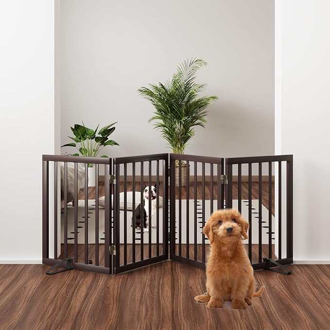 Freestanding Dog Gate Folding Brown Dog Gates for the House Doorways Stairs Pet Gates for Dogs, Doogie Puppy Fence Gate