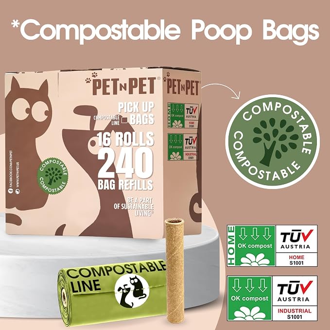 Pet N Pet Poop Bags For Dogs, 240 Counts Compostable Dog Poop Bags Rolls, Dog Bags For Poop + 100% Plant Based Dog Wipes for Paws and Butt, 100 Counts Dog Pet Wipes, 8" x 8" Hypoallergenic Wipes