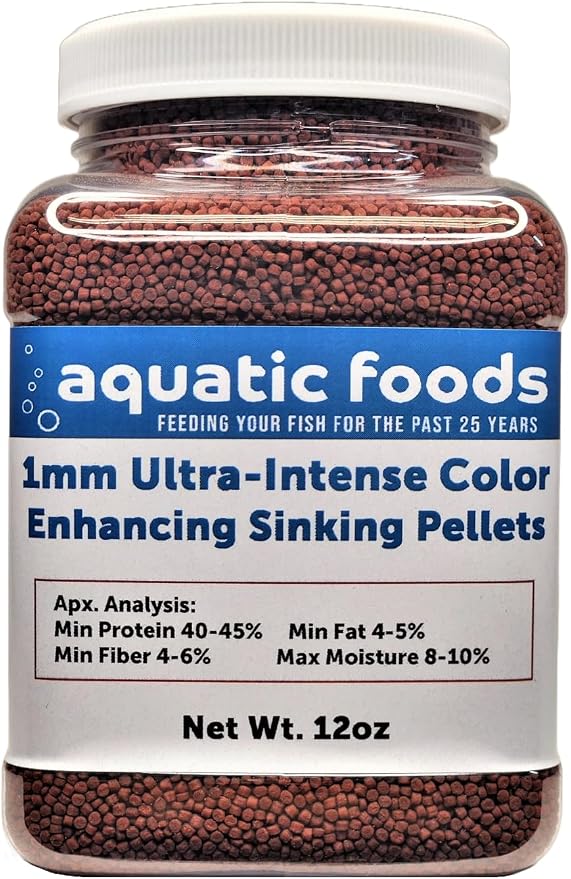 1mm - 1/32" Ultra-Intense Red Color Enhancing Sinking Pellets for Shrimp, Snails, Plecos, Catfish, Bottom Fish, Small Discus, Cichlids, All Tropical and Pond Fish…12oz Small Jar