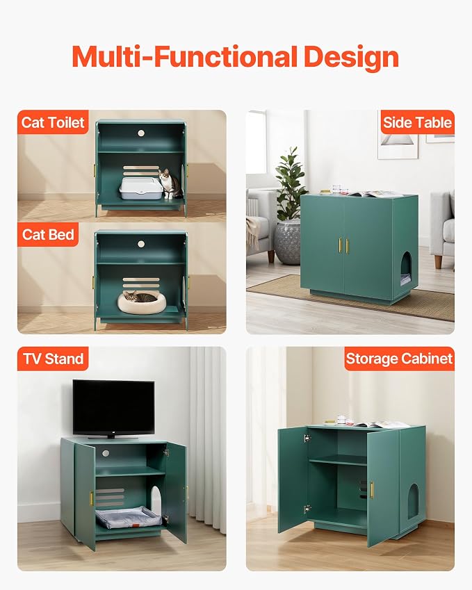 VEVOR Cat Litter Box Enclosure, 31.5 in Hidden Litter Box Cabinet, Wooden Indoor Cat Washroom with Ventilated Holes, Double-Door Kitty Pet House Furniture, End Side Table Fit Most Litterboxes