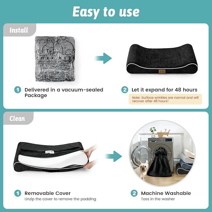 COZY KISS Orthopedic Dog Bed for Small Dogs up to 35 lbs - Removable Washable Cover with Waterproof Lining & Non-Skid Bottom, Cotton-Polyester Blend Boat-Shaped Lounger Mattress, S(30x20x5in), Black