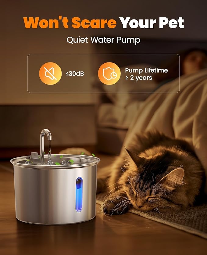 oneisall Stainless Steel Cat Water Fountain, 2L Water Fountains for Cats Indoor with Quiet Pump and 3 Replacement Filters, Pet Water Fountain Faucet Spout Design Cat Fountain Drinking Inside, PWF 001