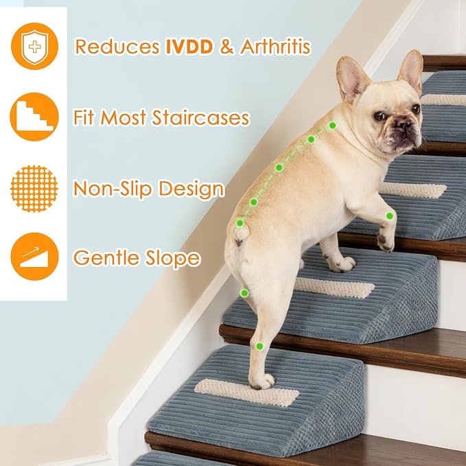 Foam Dog Ramp for Stairs, Low-Impact Climbing Dog Stairs for Senior Dogs | 5.1"H, 2 Pack, 40D High-Density Foam Won't Collapse, Protects Joints, Anti-Slip & Self-Sticky Pads, Washable Cover, Grey